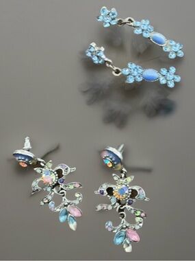 Blue Earrings Iridescent Dangle, Blue Dangle,2 Blue Hearts, All Pierced Earrings